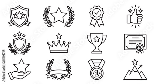 Awards and achievement line icon set representing success and quality recognition with achievement certificate champion