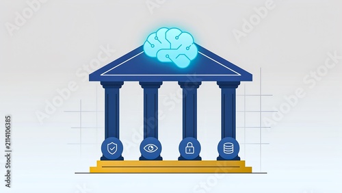 Artificial intelligence banking concept with digital brain and financial institution