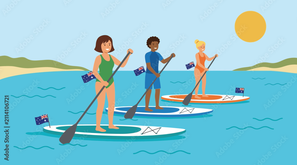 Obraz premium Diverse Group Paddle Boarding on Sunny Australian Coastline Illustration