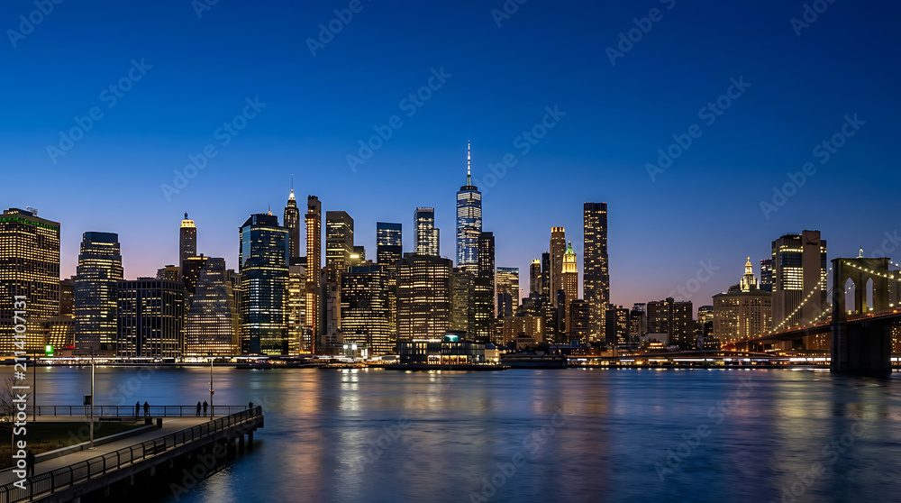 Fototapeta premium Panoramic view of the illuminated New York City skyline at dusk, with the Brooklyn Bridge and reflections on the water.