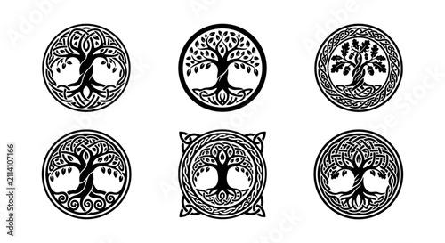 Cuadro en lienzo Celtic Tree of Life Vector Icons, Mystical Symbol Set, Ancient Wisdom Graphics,