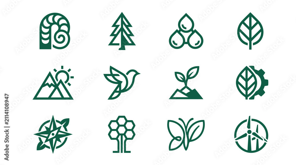 Fototapeta premium Green ecological and environmental protection icon set.