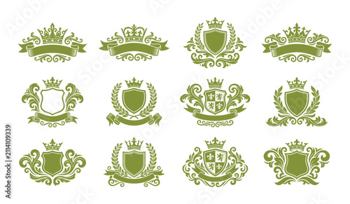 Foto Set of vintage royal heraldic shields and crowns with ornate flourish frames