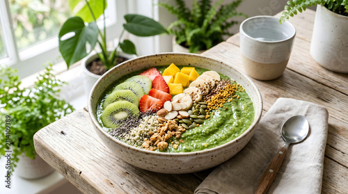 Green Smoothie Bowl With Fresh Fruit, Seeds, and Granola