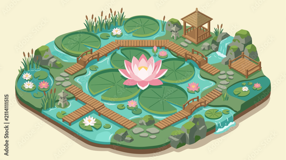 Naklejka premium Isometric Serene Japanese Garden Illustration with Pond, Blooming Lotus Flowers, and Elegant Wooden Bridges