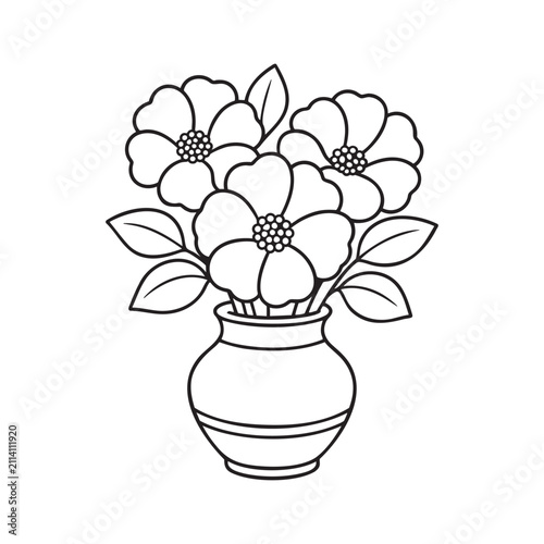Black and white line art illustration of a flower vase