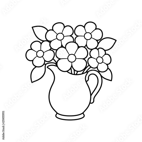 Black and white line art of a bouquet of flowers in a pitcher