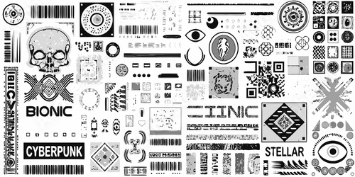Obraz na płótnie cyberpunk themed vector pattern with skull barcode and circuit motifs black whit
