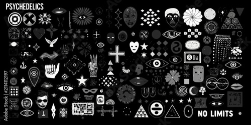 Cuadro en lienzo dense collection of abstract symbols on black background psychedelic art stars m