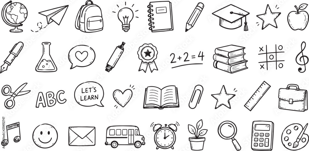 Naklejka premium Isolated Hand drawn school doodles vector set, black and white education icons collection, back to school line art elements for classroom learning ,Clean grouped each Icon