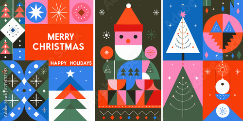 Foto modern geometric christmas posters with abstract shapes and festive colors santa