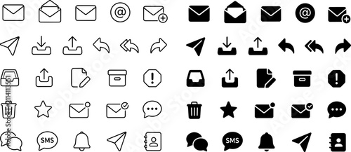 Isolated Minimalist email and communication icon set, 50 black line and solid vector symbols, professional messaging and mail interface elements ,Clean grouped each Icon