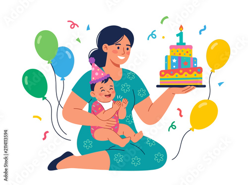 Mother Celebrating Baby First Birthday With Balloons.