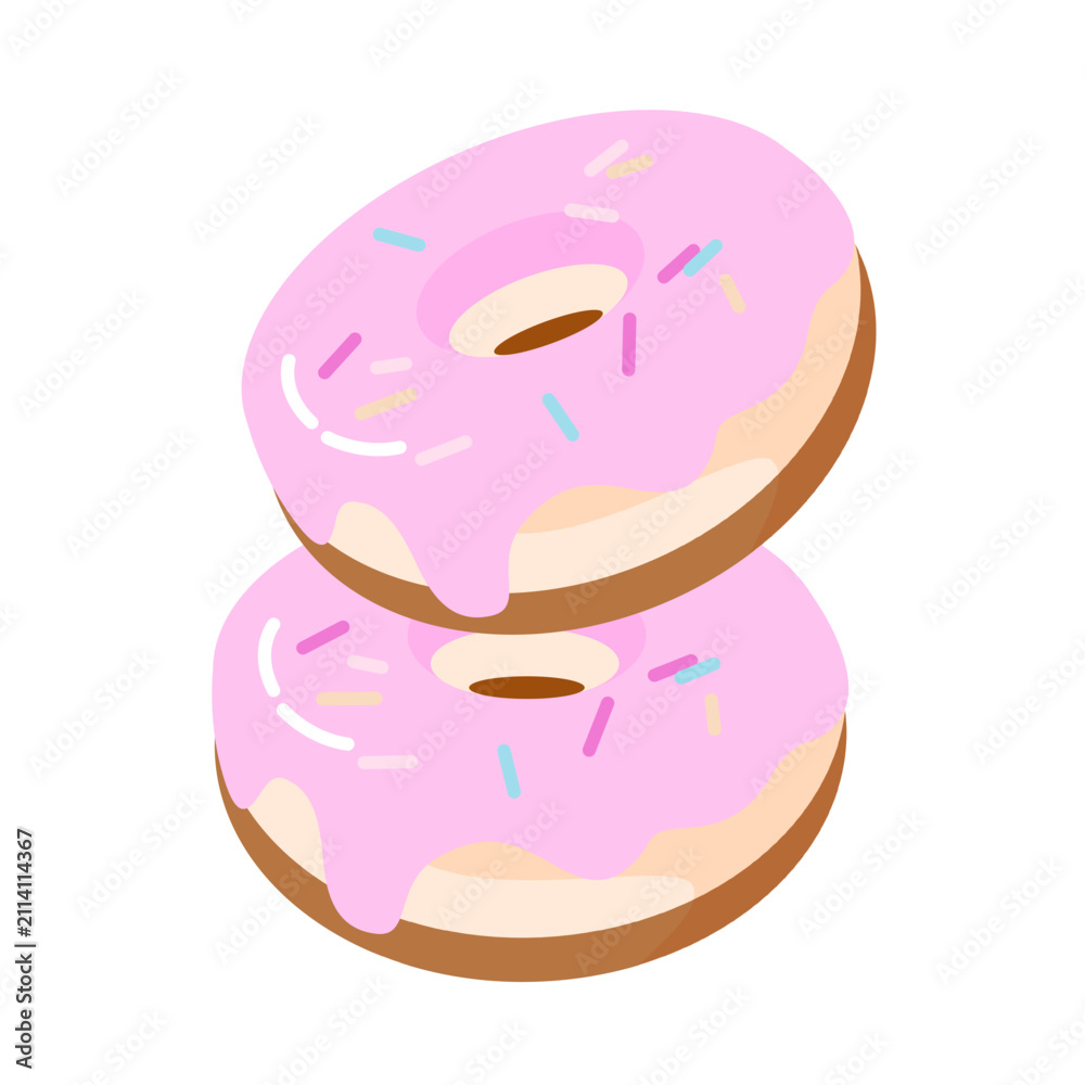 Obraz premium Two Sweet Pink Glazed Donuts with Colorful Sprinkles Stacked Vector