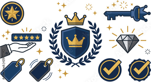 Quadro su tela VIP Luxury Membership and Premium Quality Icon Set with Royal Shield Crown Laure