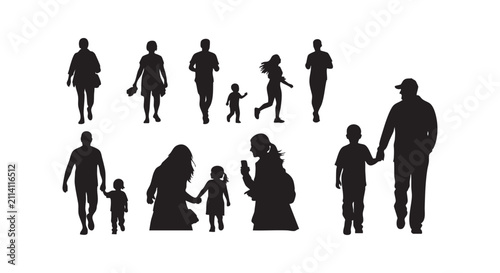 Silhouettes of people families and individuals walking and standing together.
