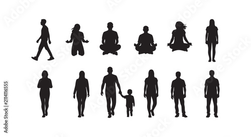 Silhouettes of people in different activities yoga walking and standing vector illustration.