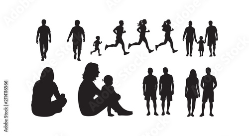 Silhouettes of people in everyday life and active pursuits including running and sitting.