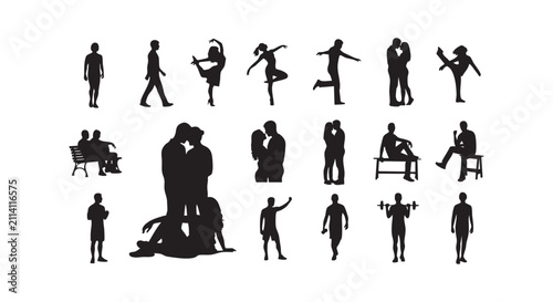 Silhouettes of people in various poses including dancing sitting walking and exercising.
