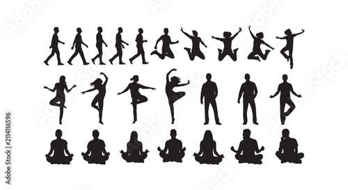 Silhouettes of people in various active and serene poses including dancing and meditation.