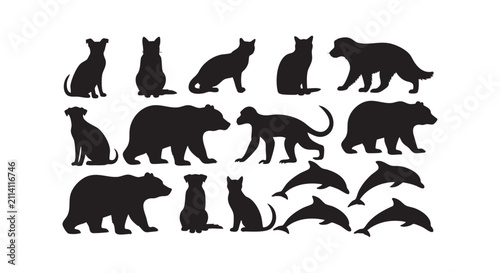 Silhouettes of various animals including bears cats dogs monkey and jumping dolphins set.