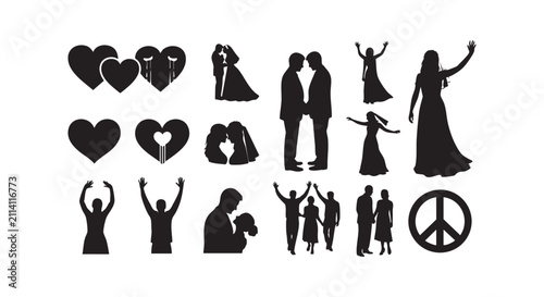 Silhouettes of weddings couples people celebrating love and peace symbols vector illustration.