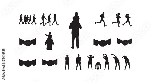 Silhouettes of people walking, running, carrying children, and exercising together.