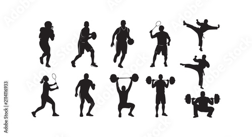 Sport athletes performing various physical activities and exercise silhouettes set.