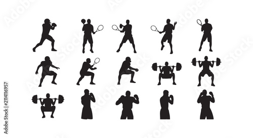 Sport men black silhouette set, isolated on white background, different sportsmen collection.