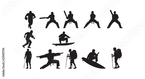 Sport players black silhouette set: cricket, baseball, football, martial arts, surfing, hiking.