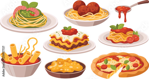 Obraz na plátně Italian Food Collection with Pasta Pizza Lasagna Spaghetti Meatballs and Breadst