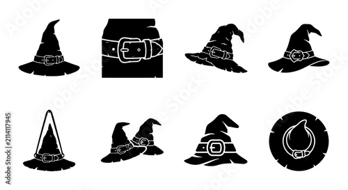 Witch Hat Icons, Halloween Belt Buckle Vector Set, Spooky Costume Elements, Black Silhouette Collection