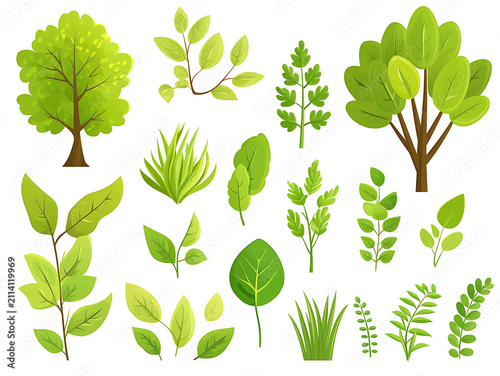 Obraz premium Minimal flat vector illustration featuring various leaves, trees, branches, grass, and botanical elements isolated on white background