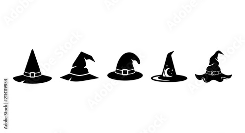 Fotografie Witch Hats Collection, Spooky Halloween Icons, Black Silhouette Vector Elements