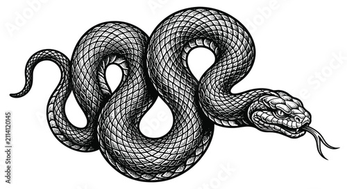 Cuadro en lienzo Black and white tattoo style illustration of a coiled python snake with detailed diamond scale pattern, flicking forked tongue, and bold linework isolated on a white background