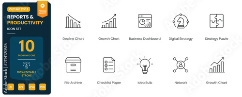report productivity icon line style business analytics editable stroke vector set