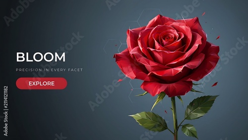 Beautiful Realistic Red Rose Blooming With Delicate Petals And Green Leaves