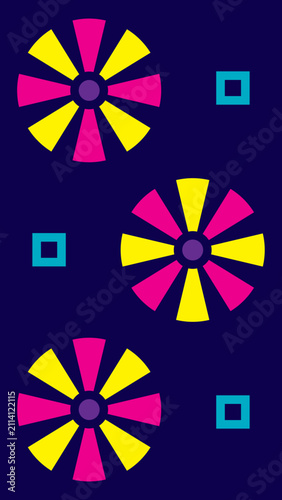 Abstract geometric vertical background with colorful neon wheels and square shapes on dark blue. Vibrant modern design suitable for mobile wallpaper. svg vector illustration. 9:16 aspect ratio