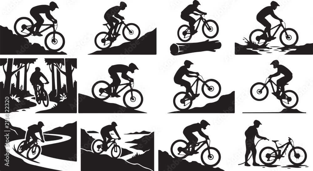 Naklejka premium Collection of black silhouettes showing mountain bikers riding on rugged trails, jumping, climbing, and cleaning bikes after the ride