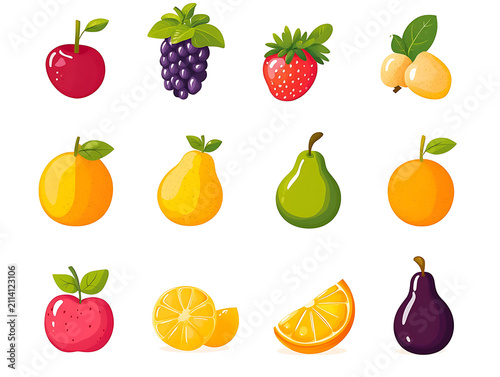 Flat vector illustration of fresh colorful fruits collection isolated on white background