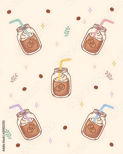 Colorful illustrated iced coffee drinks in mason jars with straws design