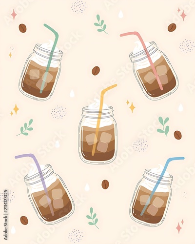 Colorful illustrated iced coffee jars with straws and ice cubes design