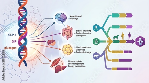 Metabolic hormone pathway infographic for glp-1 gip and glucagon