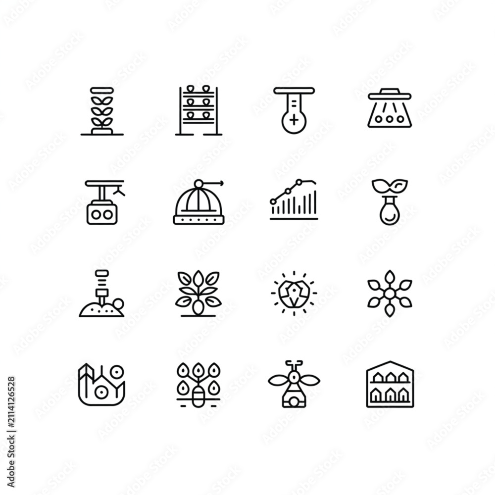 Fototapeta premium Smart agriculture and hydroponic farming linear icon set representing automated greenhouse technology