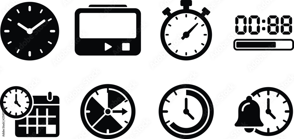 Fototapeta premium Clock Timer and Stopwatch Silhouette Icons Vector Set for Time Management and User Interface Designs
