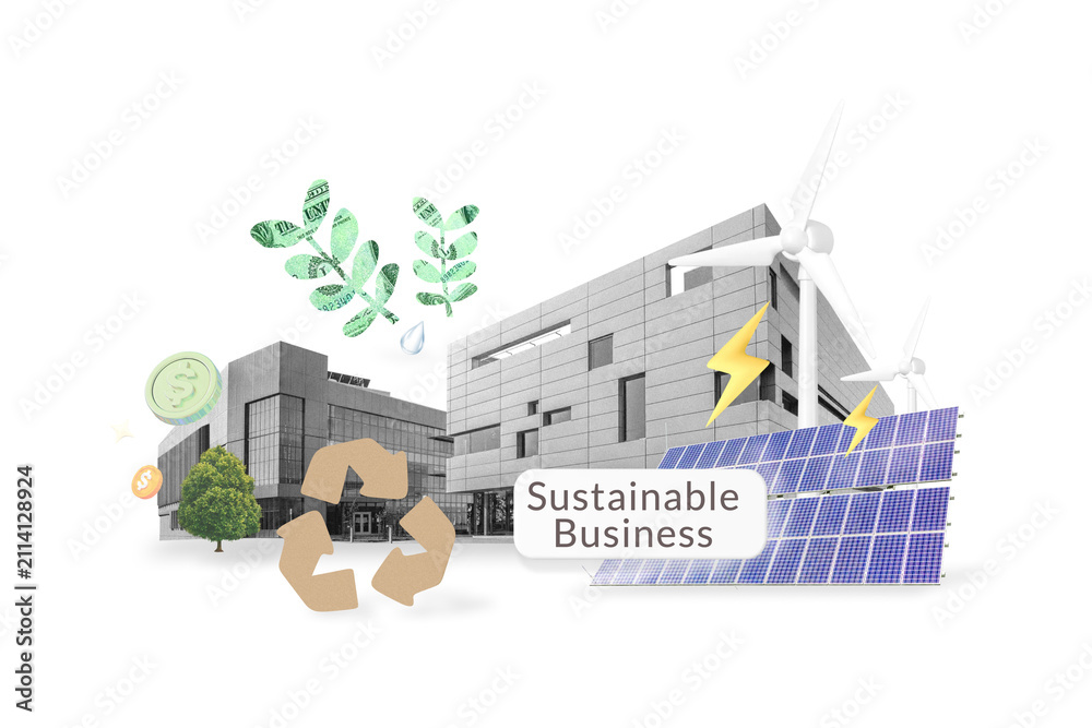 Obraz premium Sustainable business png word, environment remix on transparent background
