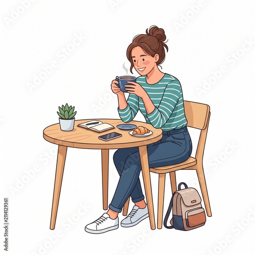 Young woman enjoying coffee break illustration, vector isolated on white