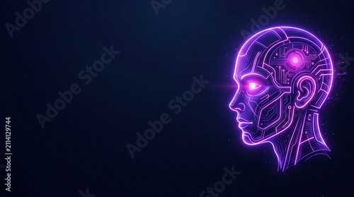 Futuristic Neon AI Robot Head with Glowing Circuit Design on Dark Background