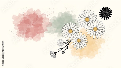 Watercolor daisies with delicate black line drawing and soft pastel background