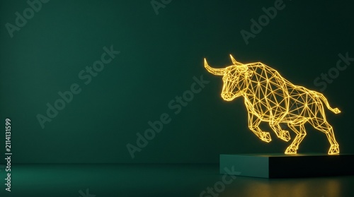 Glowing Golden Low Poly Bull Standing on Podium with Dark Green Background